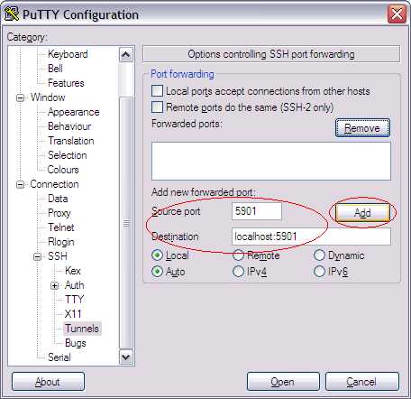 图 1. 通过 Putty 设置 SSH 隧道功能