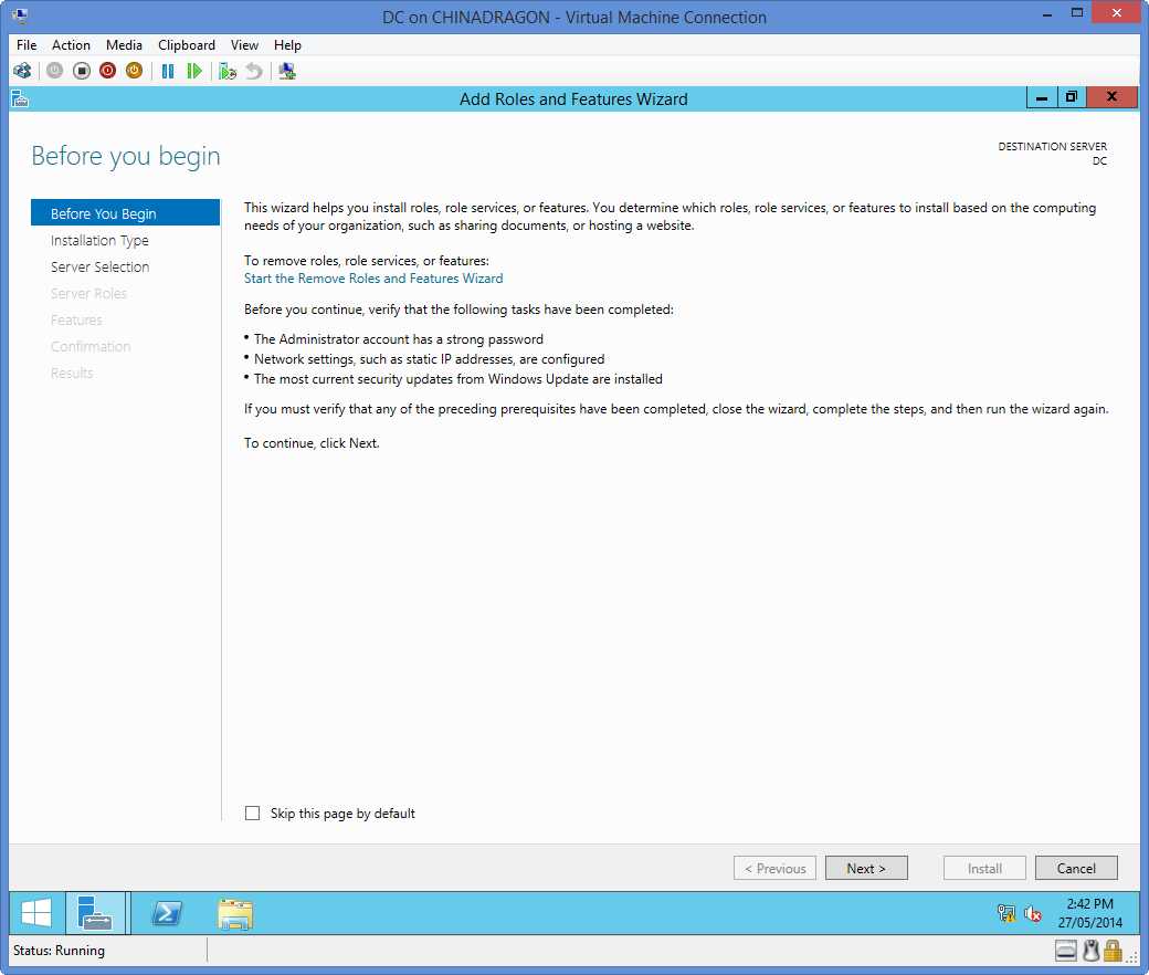 Add Roles and Features Wizard | Before You Begin