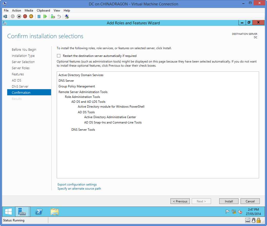 Add Roles and Features Wizard | Confirmation