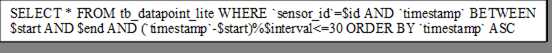 SELECT * FROM tb_datapoint_lite WHERE `sensor_id`=$id AND `timestamp` BETWEEN $start AND $end AND (`timestamp`-$start)%$interval<=30 ORDER BY `timestamp` ASC