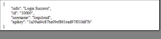 {
    "info":"Login Success",
    "id":"10000",
    "username":"linpcloud",
    "apikey":"1a39ad4c87ba09ef861ead97f010df7b"
}
