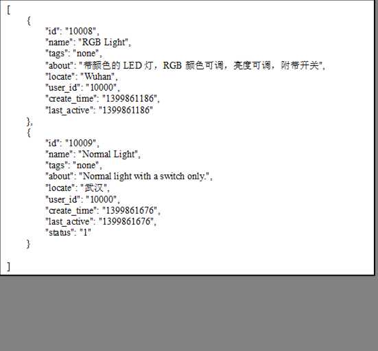 [
    {
        "id": "10008",
        "name": "RGB Light",
        "tags": "none",
        "about": "带颜色的LED灯，RGB颜色可调，亮度可调，附带开关",
        "locate": "Wuhan",
        "user_id": "10000",
        "create_time": "1399861186",
        "last_active": "1399861186"
    },
    {
        "id": "10009",
        "name": "Normal Light",
        "tags": "none",
        "about": "Normal light with a switch only.",
        "locate": "武汉",
        "user_id": "10000",
        "create_time": "1399861676",
        "last_active": "1399861676",
        "status": "1"
    }

]
