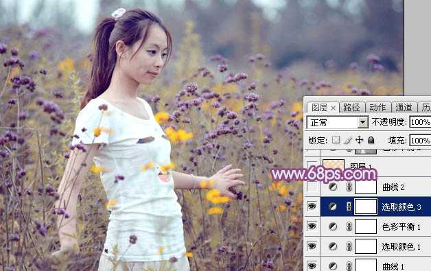 ‘Photoshop为站在野花从中的美女调制出柔美的淡紫色‘