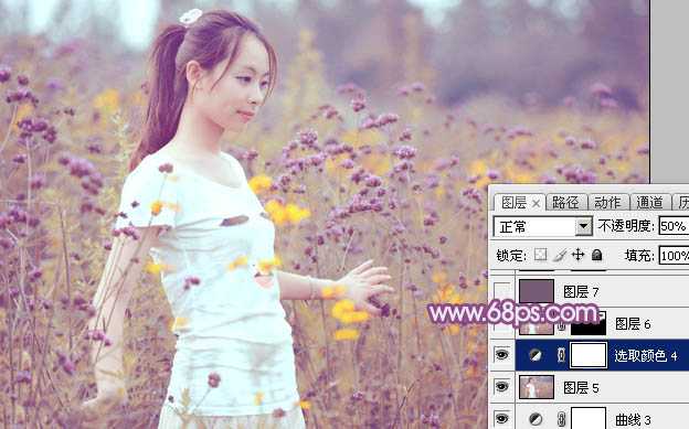‘Photoshop为站在野花从中的美女调制出柔美的淡紫色‘