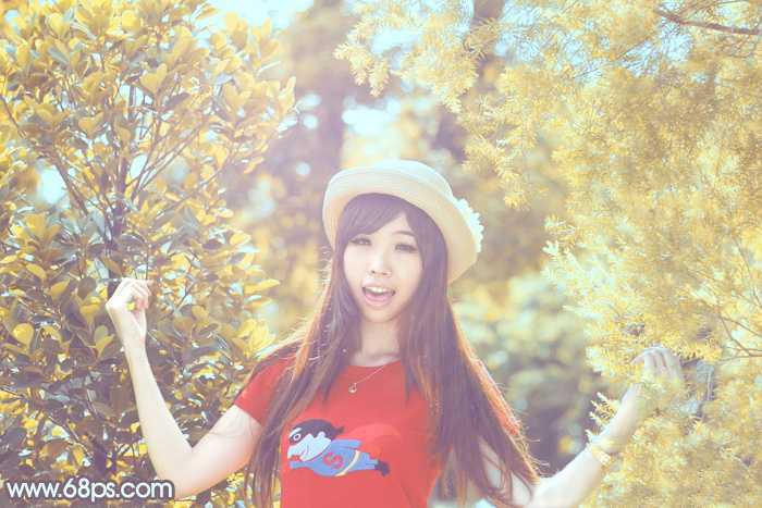 ‘Photoshop为树林人物图片打造流行的橙黄色‘
