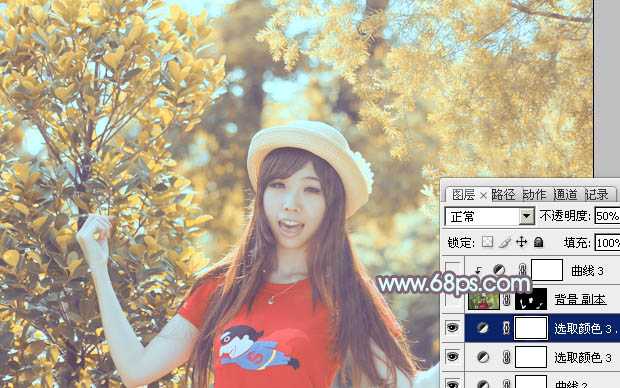 ‘Photoshop为树林人物图片打造流行的橙黄色‘
