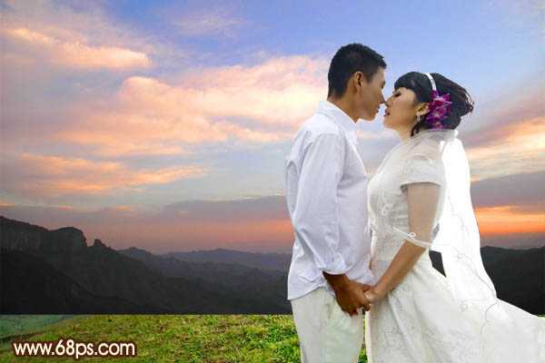 ‘Photoshop为山景婚片增加漂亮的霞光色效果‘