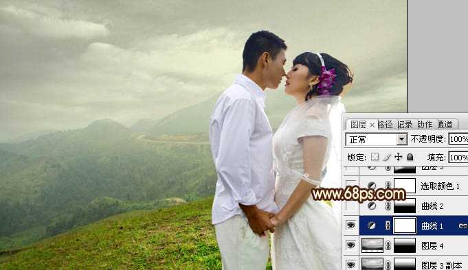 ‘Photoshop为山景婚片增加漂亮的霞光色效果‘