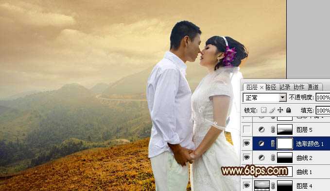 ‘Photoshop为山景婚片增加漂亮的霞光色效果‘