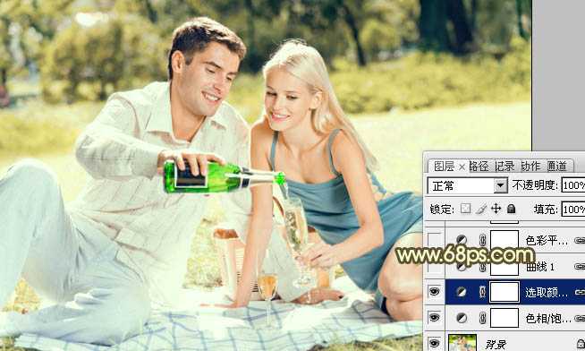 ‘Photoshop将草地情侣图片制作出复古的淡黄色‘