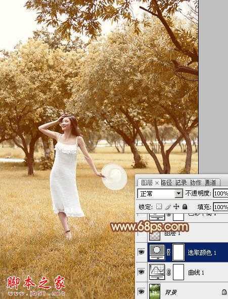 ‘Photoshop将草地树林人物图片打造唯美的秋季淡黄色‘