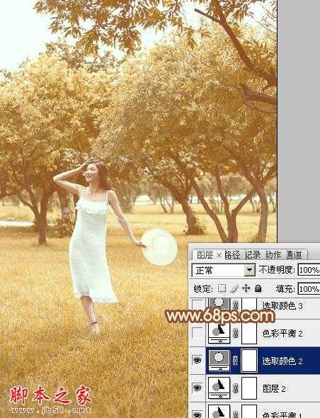 ‘Photoshop将草地树林人物图片打造唯美的秋季淡黄色‘