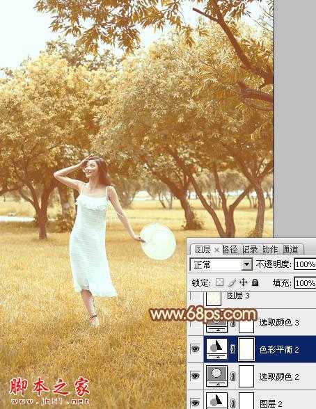 ‘Photoshop将草地树林人物图片打造唯美的秋季淡黄色‘