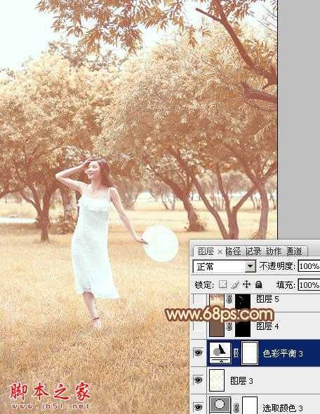 ‘Photoshop将草地树林人物图片打造唯美的秋季淡黄色‘