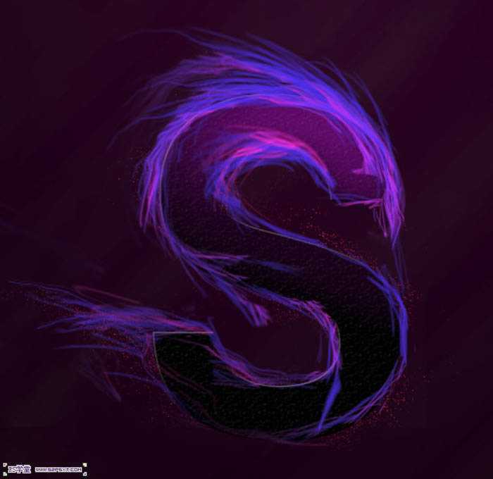 ‘photoshop利用画笔及变形工具手绘制作漂亮的紫色火焰字‘