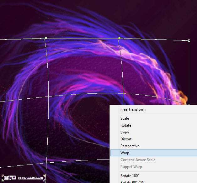 ‘photoshop利用画笔及变形工具手绘制作漂亮的紫色火焰字‘