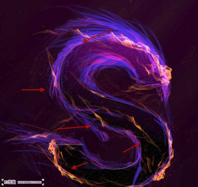 ‘photoshop利用画笔及变形工具手绘制作漂亮的紫色火焰字‘