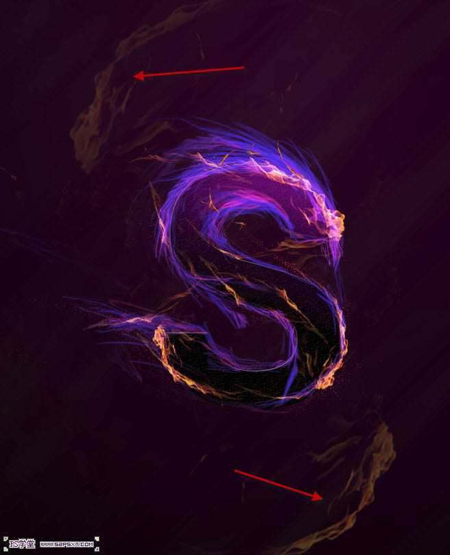 ‘photoshop利用画笔及变形工具手绘制作漂亮的紫色火焰字‘