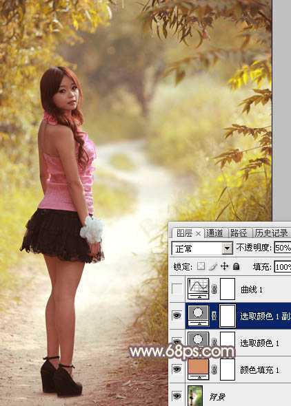 ‘Photoshop调制出漂亮的红褐色树林人物图片‘