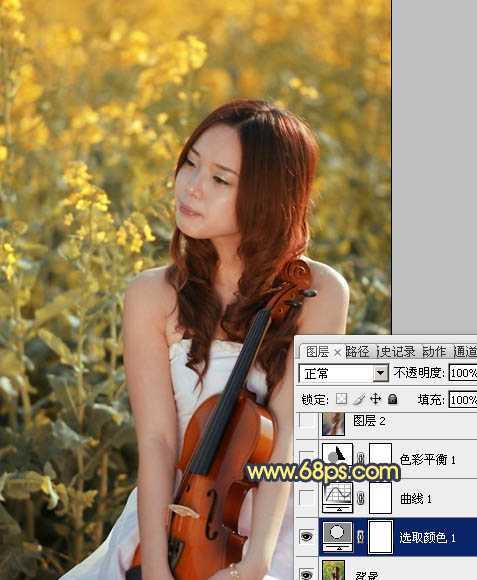 ‘Photoshop将菜田美女图片调成柔美的古典暖色调‘