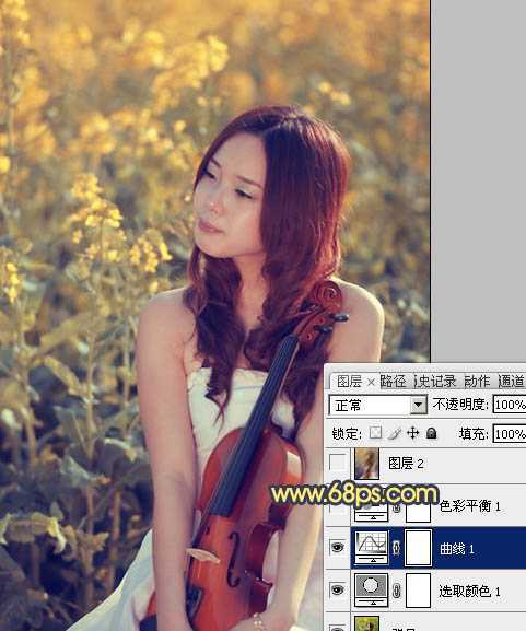 ‘Photoshop将菜田美女图片调成柔美的古典暖色调‘