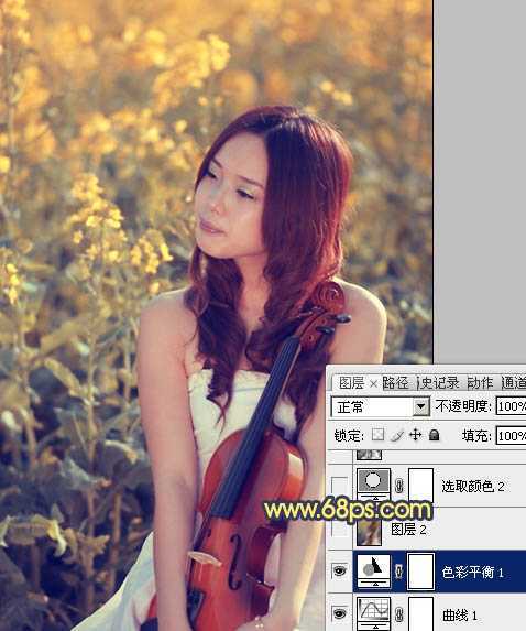 ‘Photoshop将菜田美女图片调成柔美的古典暖色调‘