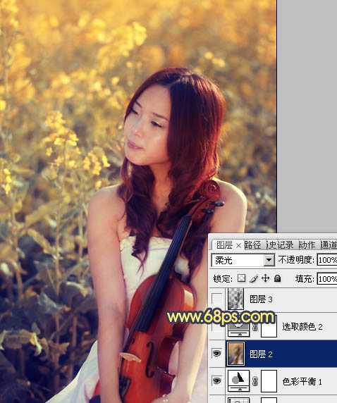 ‘Photoshop将菜田美女图片调成柔美的古典暖色调‘