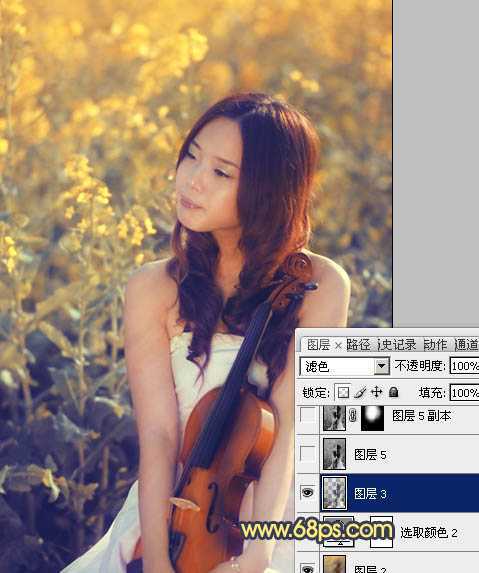 ‘Photoshop将菜田美女图片调成柔美的古典暖色调‘