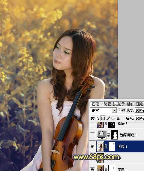 ‘Photoshop将菜田美女图片调成柔美的古典暖色调‘