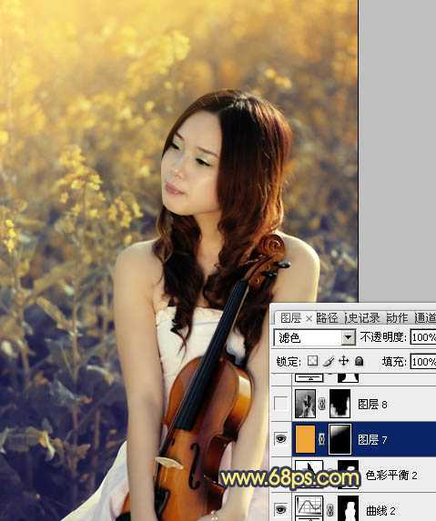 ‘Photoshop将菜田美女图片调成柔美的古典暖色调‘