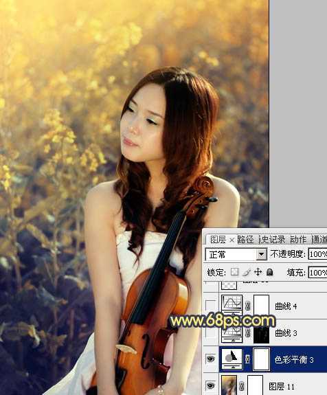 ‘Photoshop将菜田美女图片调成柔美的古典暖色调‘