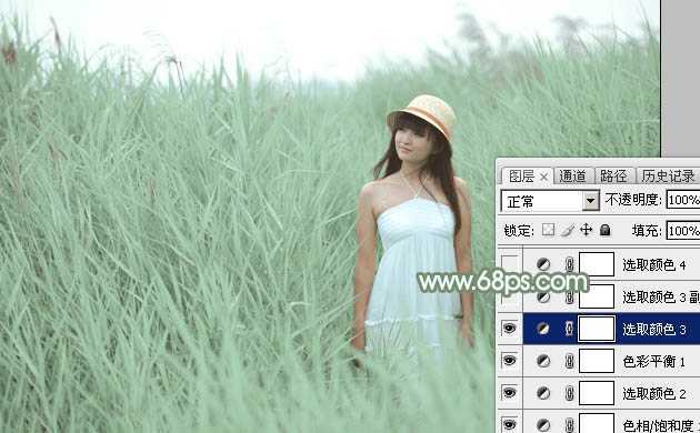 ‘Photoshop为绿草中的美女加上甜美的淡调青绿色‘