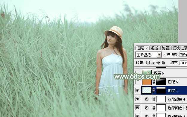 ‘Photoshop为绿草中的美女加上甜美的淡调青绿色‘