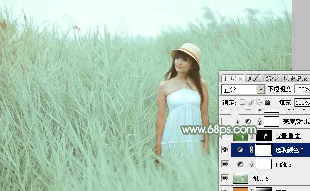 ‘Photoshop为绿草中的美女加上甜美的淡调青绿色‘