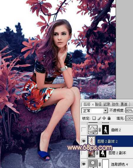 ‘photoshop利用通道替换为树林美女图片加上古典红蓝色‘