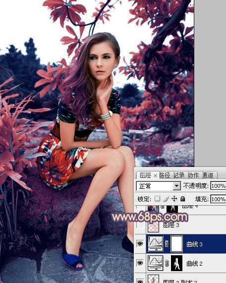 ‘photoshop利用通道替换为树林美女图片加上古典红蓝色‘