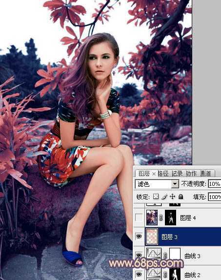 ‘photoshop利用通道替换为树林美女图片加上古典红蓝色‘