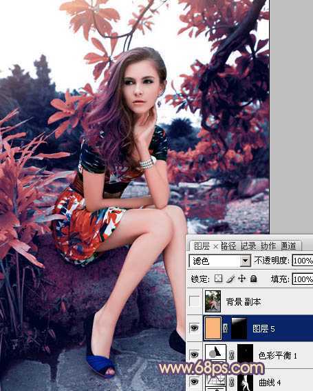 ‘photoshop利用通道替换为树林美女图片加上古典红蓝色‘