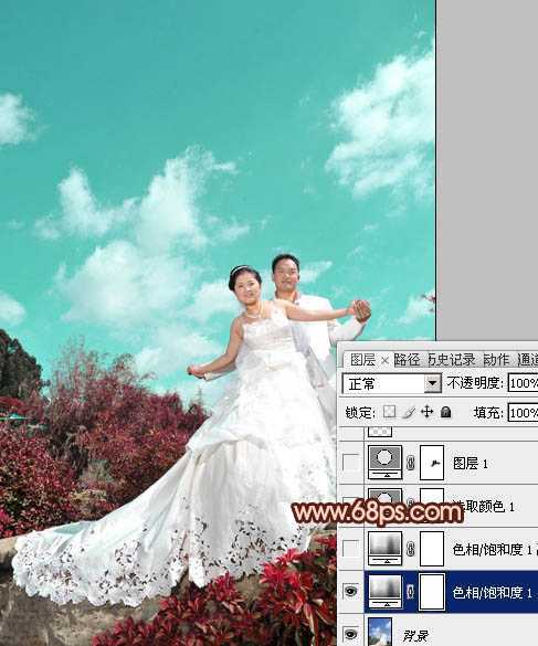 ‘Photoshop将外景婚片跳出清爽的青红色‘