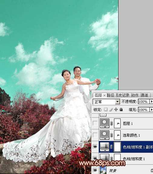 ‘Photoshop将外景婚片跳出清爽的青红色‘