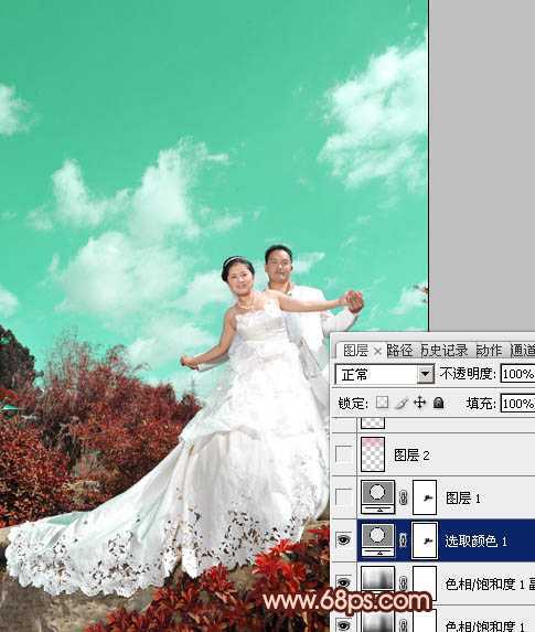 ‘Photoshop将外景婚片跳出清爽的青红色‘