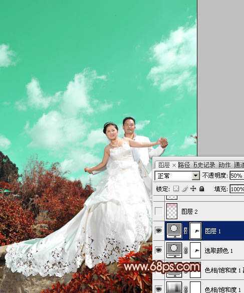 ‘Photoshop将外景婚片跳出清爽的青红色‘
