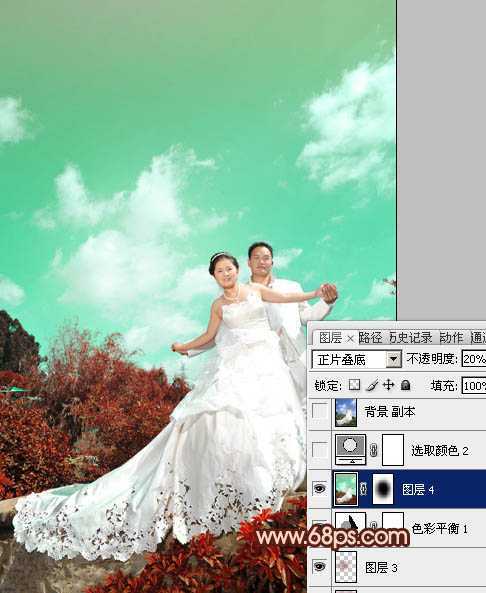‘Photoshop将外景婚片跳出清爽的青红色‘