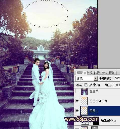 ‘Photoshop为公园婚片加上柔美的暗调蓝紫色效果‘