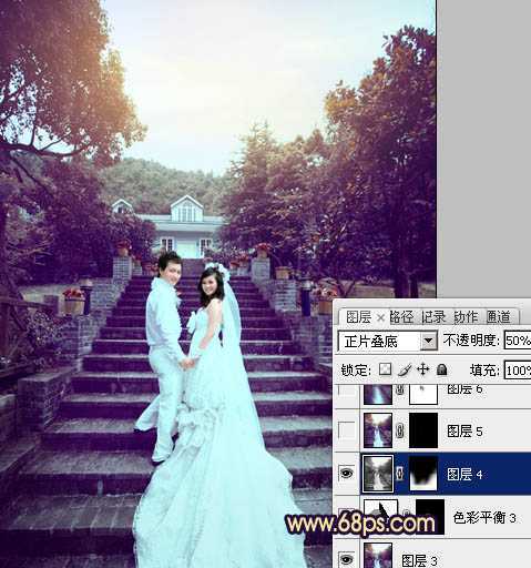 ‘Photoshop为公园婚片加上柔美的暗调蓝紫色效果‘