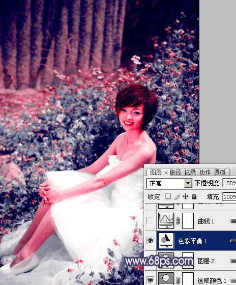 ‘Photoshop将外景人物图片调成柔和的古典暗调青紫色‘