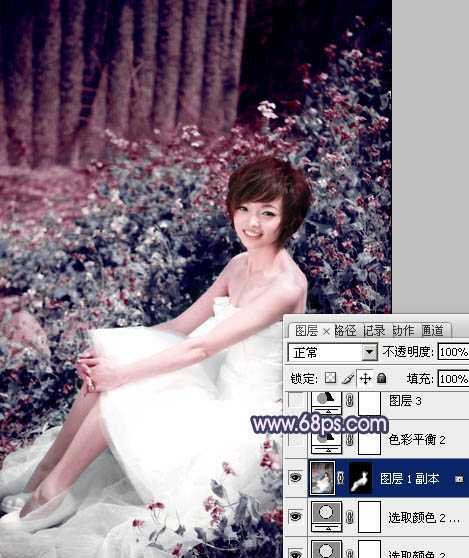 ‘Photoshop将外景人物图片调成柔和的古典暗调青紫色‘
