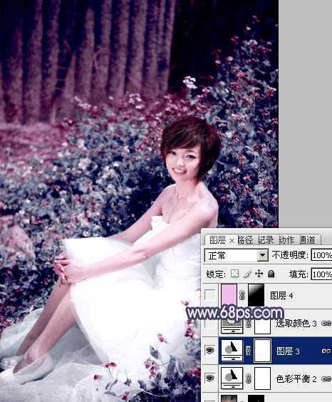 ‘Photoshop将外景人物图片调成柔和的古典暗调青紫色‘
