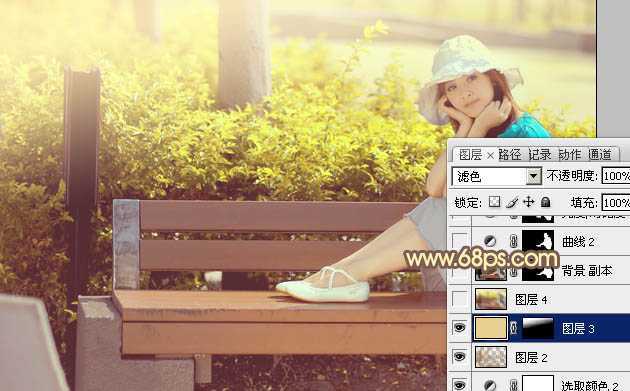 ‘Photoshop为公园美女图片调制出唯美的淡黄回忆色‘