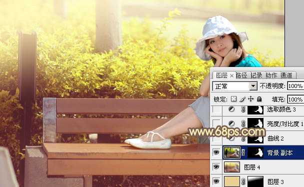 ‘Photoshop为公园美女图片调制出唯美的淡黄回忆色‘